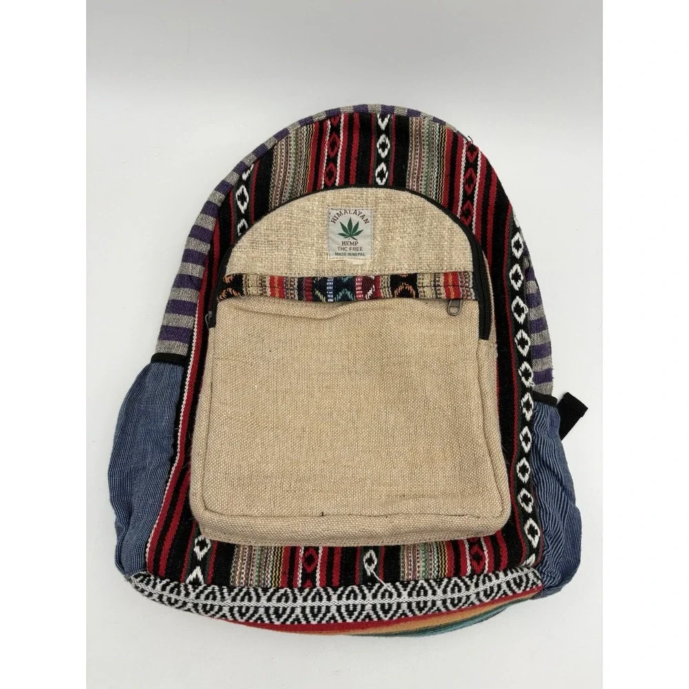 Himalayan Hemp Backpack THC Free Made in Nepal Striped Boho Woven Rasta Bag‎